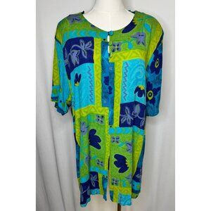 C.M. Shapes Womens Floral Print Button Top Size 1X Blue & Green